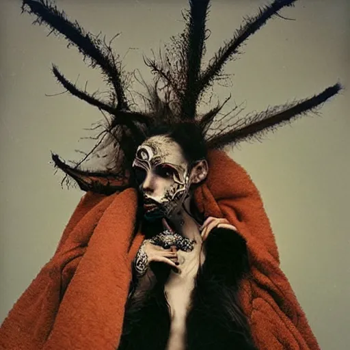 Image similar to damaged kodak portra 4 0 0, wetplate, photo of a surreal artsy dream scene,, very beautiful model, weird fashion, grotesque, extravagant dress, strange pose, carneval, with an animal, wtf, photographed by paolo roversi style