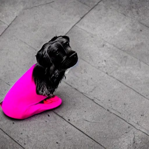 Image similar to dog wearing neon pink shoes, realistic photo, studio quality photograph