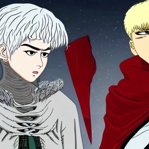 Image similar to Dante and Virgil but with guts and griffith from berserk, high quality, 4k