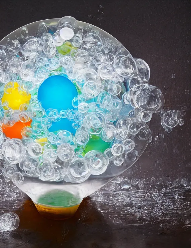 Prompt: a well - lit studio photograph of a clear bowl of water with various plastic toys floating in it, some smooth, some wrinkled, some long, some spherical, various sizes, textures, and transparencies, beautiful, smooth, detailed, inticate