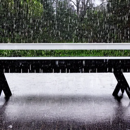 Prompt: image of a large modern bench in the rain, the bench being the main focus, facing at the camera, 1 6 k resolution, raining, trees in the background, mid - winter, slightly zoomed out