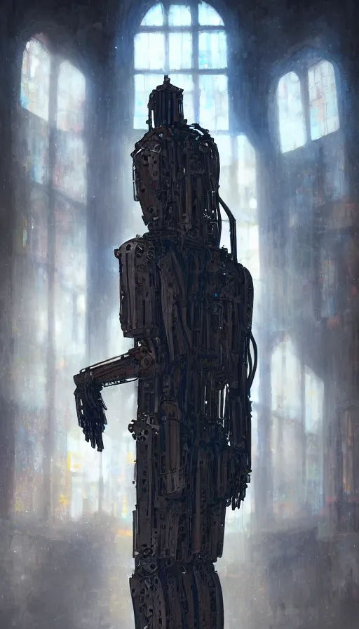 Image similar to portrait of broken humanoid metal robot praying in empty church, sunshine through window, bladerunner, cold color scheme, digital illustration, artstation, cinematic composition