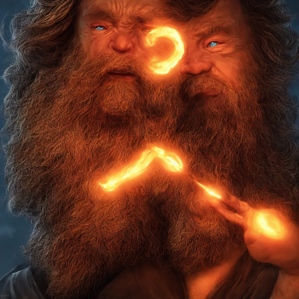 Image similar to Photorealistic cinematic close-up portrait of one angry dwarf wizard casting a fireball spell, by Larry Elmore and Steven Belledin . Magical occult photorealism, UHD, amazing depth, glowing, golden ratio, 3D octane cycle unreal engine 5, volumetric lighting, cinematic lighting, cgstation artstation concept art