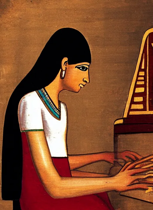 Image similar to ancient egypt painting of girl playing piano, 4 k, high quality, sharp fucos