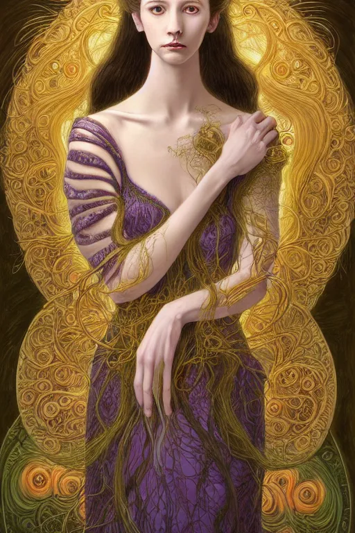 Image similar to portrait of a young female wizard in flowing sensual dress, arrogant, long fine flowing hair, delicate, looking at camera, slight nerdy awkward smile, realistic face, stylish, elegant, grimdark fantasy, flowers, mysterious, extremely detailed painting inspired by Gerald Brom and Ernst Haeckel and Victor Nizovtsev, studio lighting