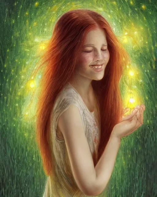 Image similar to infp girl, smiling, amazed by the lights of golden fireflies, amidst nature fully covered, long loose red hair, intricate linework, dreamy green eyes, small nose with freckles, oval shape face, realistic, expressive emotions, dramatic lights, spiritual scene, hyper realistic ultrafine art by battistello caracciolo, albert bierstadt and artgerm