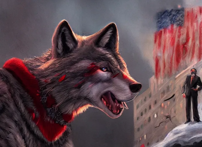 Prompt: the wolf on wall street ; economic collaps ; red diagram ; dramatic art by lindsey kustuch ; detailed painting trending on artstation matte painting