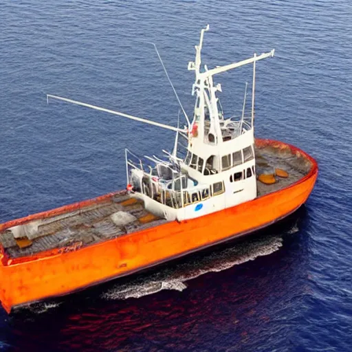 Image similar to realistic aerial drone shot of British fishing trawler