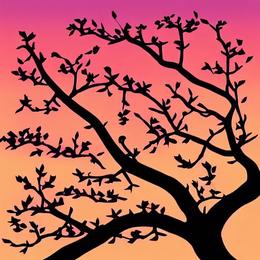 Prompt: birds on cherry tree, Changelingcore, serene, graceful, sunset photo at golden hour, Kodachrome, digital painting by M. C. Escher n -9