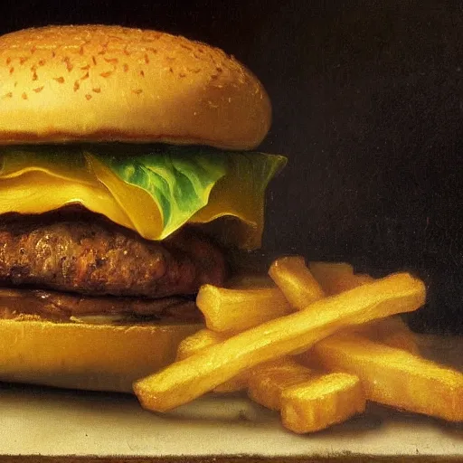 Prompt: Closeup of a Hamburger, french fries and a milkshake on a table, oil painting by Rembrandt van Rijn