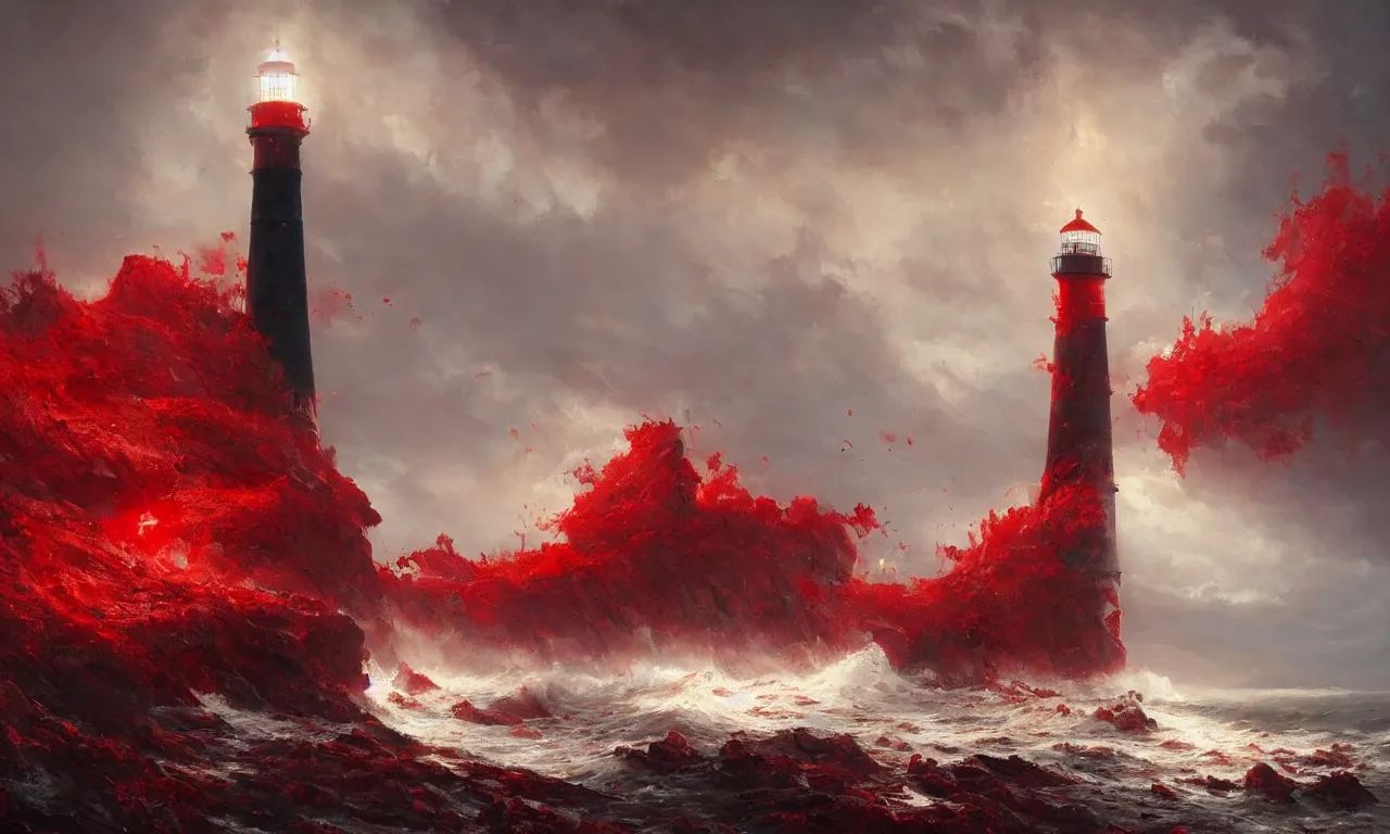 Image similar to a beautiful painting of a lighthouse surrounded by a violent tumultuous sea of red blood by John Blanche and Greg Rutkowski, trending on Artstation, midjourney