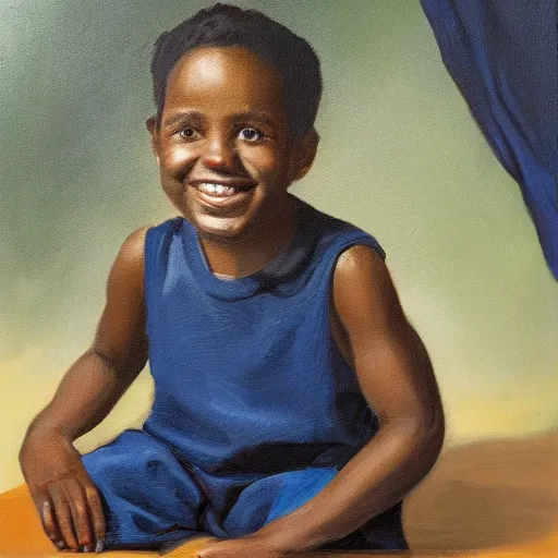 Prompt: oil in canvas portrait of a black boy smiling, studio portrait