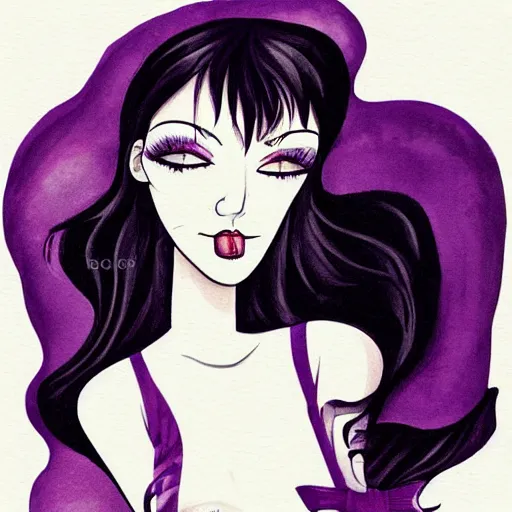 Image similar to beautiful delicate pale thin goth woman with black hair, wearing long black and purple dress, highly detailed, illustration