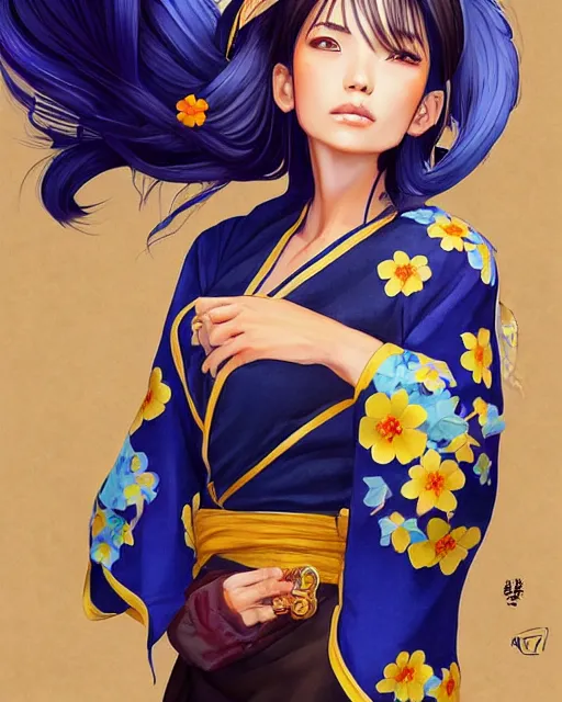 Prompt: Ssunbuki as a woman with fox ears and a royal blue kimono with gold flowers, Yakuza, portrait, visualartzi, korean, concept art by Karla Ortiz, James Paick, Charlie Bowater, Krenz Cushart, highly detailed, ultra detailed, ultra realistic, trending on artstation, cgstudio