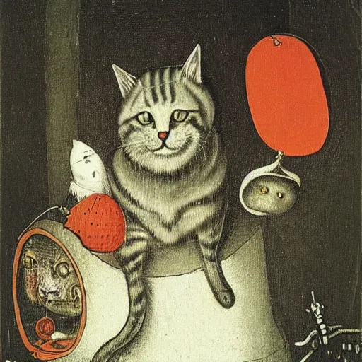 Image similar to stunning portrait of the cat of cheshire from alice in wonderland by hieronymus bosch