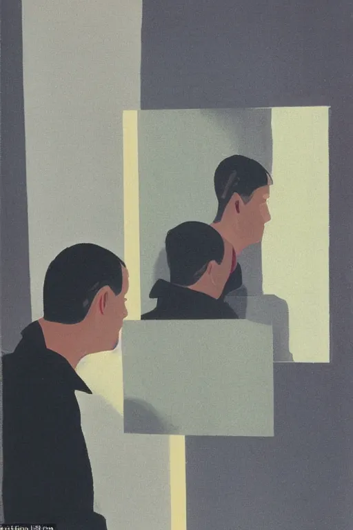 Image similar to man looking at his reflection in the mirror, 1960’s minimalist advertising illustration, painterly, expressive brush strokes