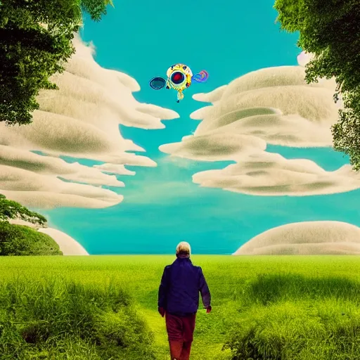 Image similar to a man walking on clouds away from the camera above a lake by takashi murakami, beeple and james jean, aya takano color style, 4 k, super detailed, modern, 4 k, symmetrical