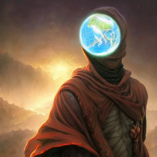 Image similar to rogue masked male wearing a cloak on an alien world and holding a holographic planet projection in his hand, detailed, sci - fi, digital painting, artstation, sharp focus, illustration, artgerm, tomasz alen kopera, peter mohrbacher, donato giancola, joseph christian leyendecker, wlop, frank frazetta