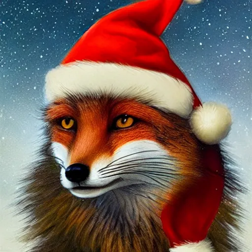 Image similar to perfectly-centered-Portrait-full-shot of a fox, wearing a santa hat, sitting next to a christmas tree, intricate, elegant, super highly detailed, professional digital painting, artstation, concept art, smooth, sharp focus, no blur, no dof, extreme illustration, Unreal Engine 5, 8K, art by artgerm and greg rutkowski and alphonse mucha and loish and WLO