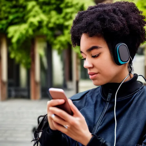 Image similar to candid photographic portrait of a poor techwear mixed young woman using a phone inside a dystopian city, closeup, beautiful garden terraces in the background, sigma 85mm f/1.4, 4k, depth of field, high resolution, 4k, 8k, hd, full color