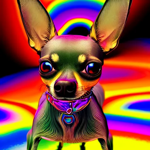 Image similar to a psychedelic chihuahua living in an extradimensional reality, in the style of wlop, illustration, epic, fantasy, hyper detailed, smooth, unreal engine, sharp focus, ray tracing, physically based rendering, renderman, beautiful