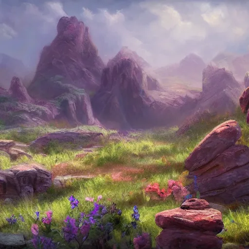 Image similar to a matte painting of the wild west, patchy flowers and rocks, oil painting, pale colors, high detail, 8 k, wide angle, trending on artstation,