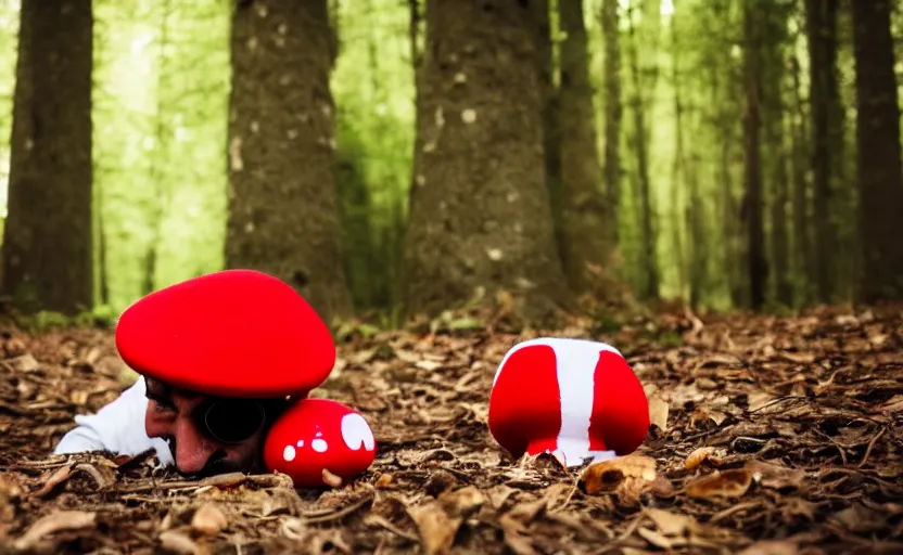 Image similar to italian man with a mustache dressed as mario wearing a solid red mario hat, crawling on the ground, eyes rolled back, licking a red mushroom with white spots, in a forest, photography, 5 0 mm lens, f 1. 8