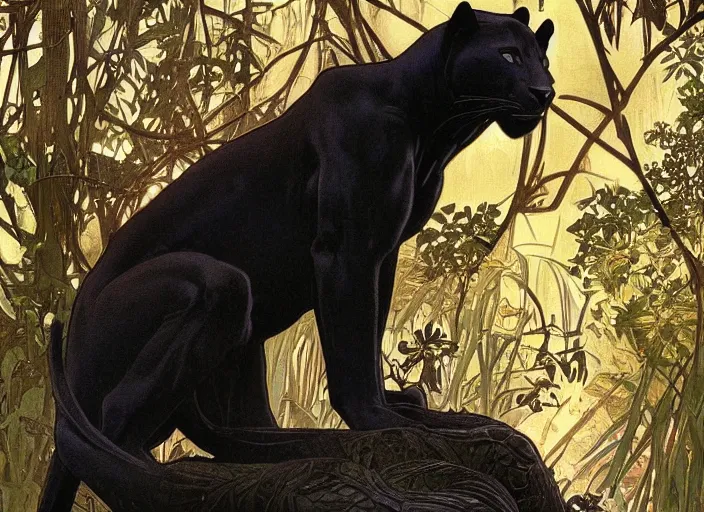 Image similar to animal concept of a black panther melanistic deep black leopard walking on a lush intricate tree, accurately portrayed, portrait art by alphonse mucha and greg rutkowski, highly detailed, digital painting, concept art, illustration, dim lighting with twilight rays of sunlight, trending on artstation, very detailed, smooth, sharp focus, octane render, close up