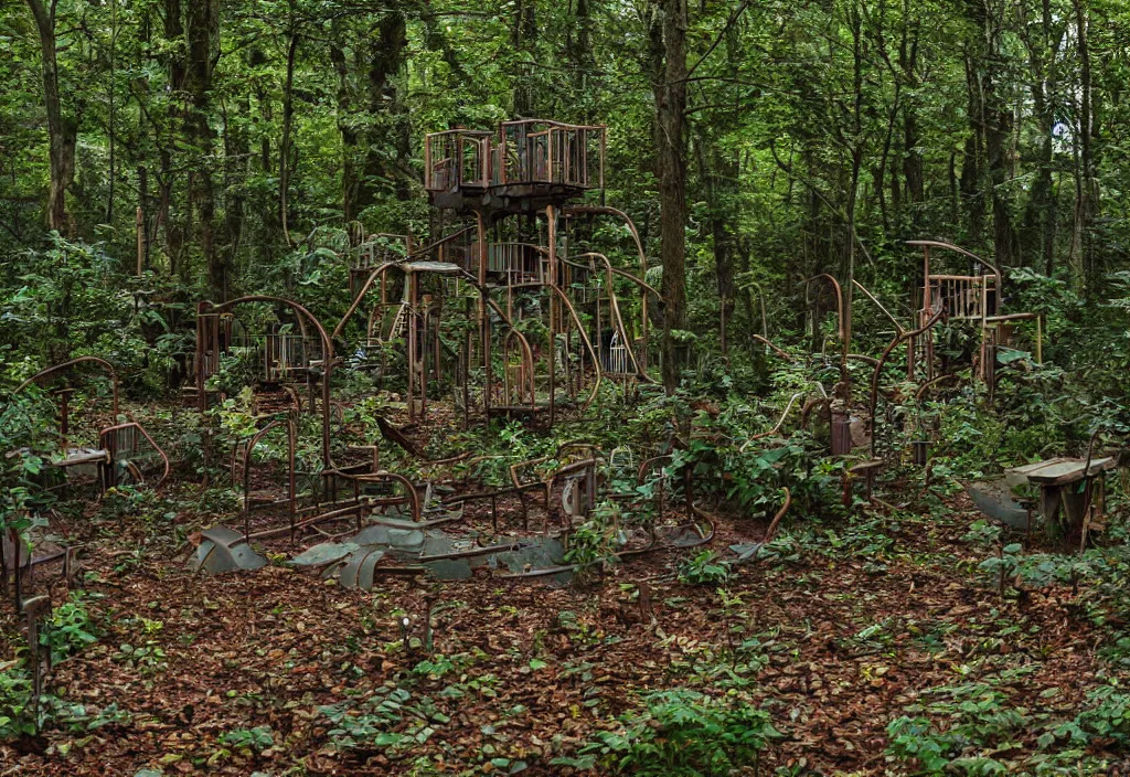 Prompt: an abandoned creepy playground in the middle of a dense forest, high detail