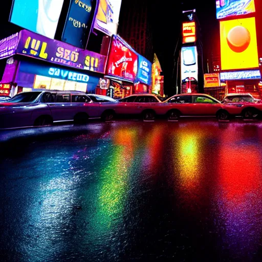 Image similar to a fried egg hovers over an open sewer, times square, night time, raining, neon light, romantic, ultra realistic, unreal engine, 4k, artstation