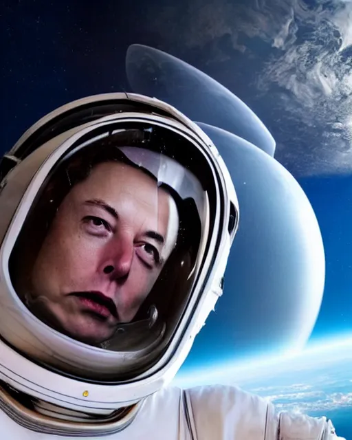 Image similar to elon musk, wearing a space suit and helmet, drives his tesla roadster in outer space, hyperreal, nasa photography, imax, 8 k