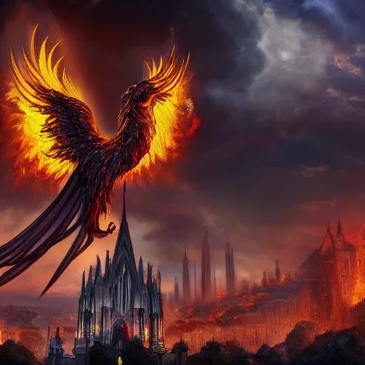 Prompt: majestic phoenix rising from ashes with a gothic church in the background, epic biblical art, epic, fire phoenix, cinematic composition, 4 k, magic world, epic atmosphere, cinematic lighting, heaven background, concept art, highly detailed, photorealistic, 4 k