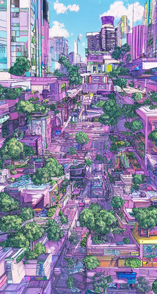 Prompt: a beautiful street level drawing of small section of a future funk space city, unreal engine, illustrated by a vibrant artist