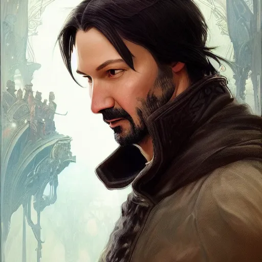 Image similar to Portrait of Keanu, D&D, face, fantasy, intricate, elegant, highly detailed, digital painting, artstation, concept art, smooth, sharp focus, illustration, art by artgerm and greg rutkowski and alphonse mucha