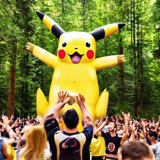 Image similar to photograph of a group of people worshipping a giant pikachu in a forest