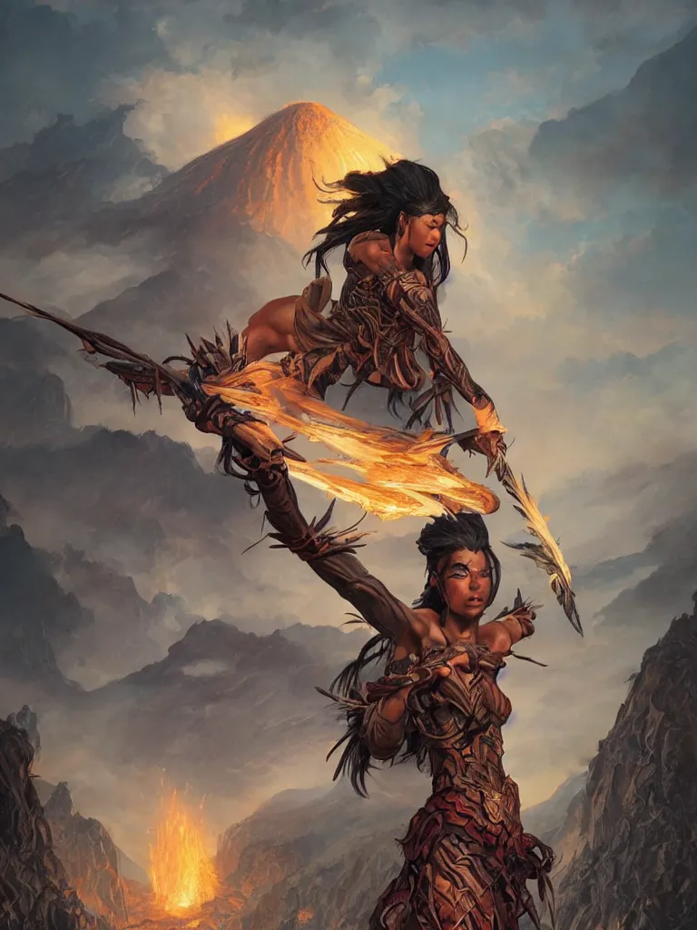 Image similar to An epic fantasy portrait painting of a spider-legged warrior woman with hair spikes standing in front of a volcano eruption, illustration, detailed, award-winning, trending on artstation, by artgerm and Greg Rutkowski and Alphonse Mucha