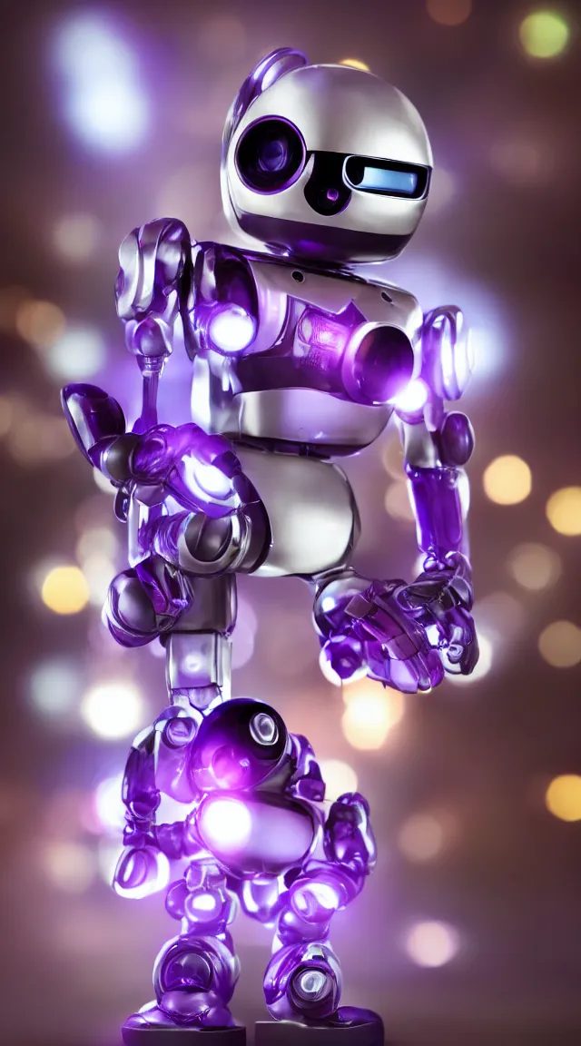 Image similar to tiny robot with purple lights, professional photo, hdr, bokeh, sci fi