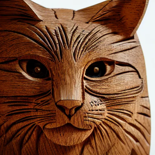 Image similar to a intricate cat carved from wood, photograph, studio lighting