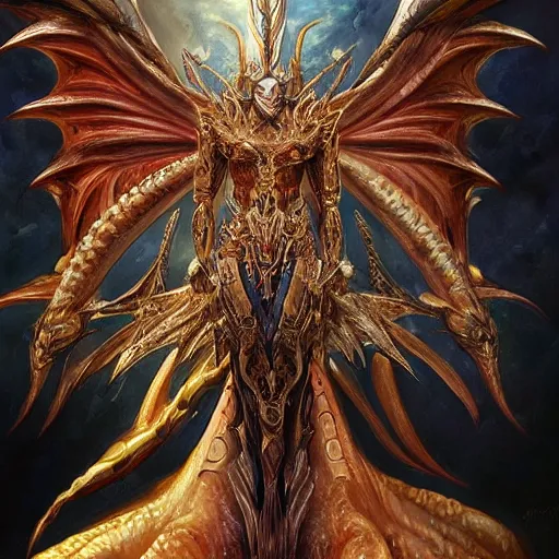 Image similar to a beautiful symmetrical muscular full body wearing a dragon armor with wings made of golden ornaments and gems, by alex gray and android jones , Karol Bak, Ayami Kojima, Amano , concept art, character design, fantasy,3D, 8k resolution