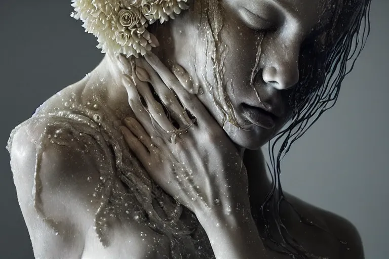 Image similar to a sculpture of a stunningly beautiful woman with flowing tears, fractal flowers on the skin, intricate, a marble sculpture by nicola samori, behance, neo - expressionism, marble sculpture, made of mist, still frame from the prometheus movie by ridley scott with cinematogrophy of christopher doyle, arri alexa, 8 k