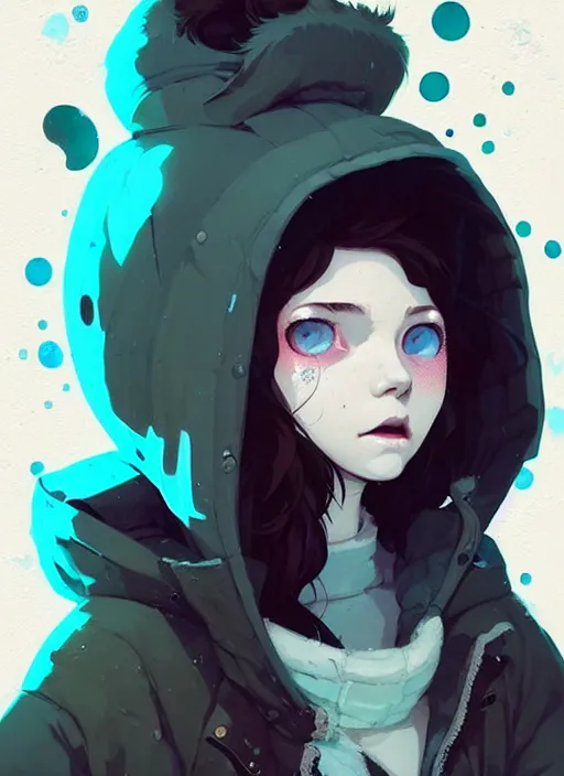 Image similar to highly detailed portrait of a sewer punk lady student, blue eyes, parka jacket, white hair by atey ghailan, by greg rutkowski, by greg tocchini, by james gilleard, by joe fenton, by kaethe butcher, gradient blue, black, brown and cyan color scheme, grunge aesthetic!!! ( ( graffiti tag wall background ) )
