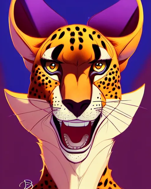 Image similar to don bluth, loish, artgerm, joshua middleton, anthropomorphic cheetah, wearing a track suit, smiling, symmetrical eyes symmetrical face, colorful animation forest background