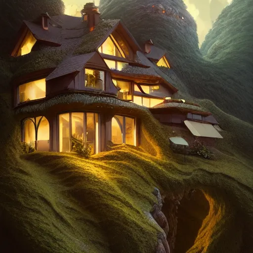 Prompt: ! dream small hillside house made of honey and milk, modern lighting, hyper - realistic, hyper - detailed, 8 k, octane rendered, art nouveau, organic, flowing, impossible torsion, writhing, dusk, lush, dynamic, in the style of ross tran and jean baptiste monge