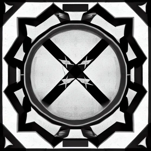 Image similar to a dark desaturated photograph of a military insignia with three interlocking diamonds, red central geometric shape, glossy black liquid latex, asphalt and metal, intricate black metal logo, designed by helmut lang and junya watanabe, asymmetrical cinematic composition, 8k hyperrealistic, hyper-detailed, 10mm camera, highly textured, dark volumetric lighting, fine details, muted, octane render — h 768