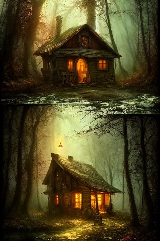 Prompt: a ramshackle cabin in the woods, magical forest, fairytale style, Fairycore, cottagecore, fantasy, by Bastien Lecouffe Deharme