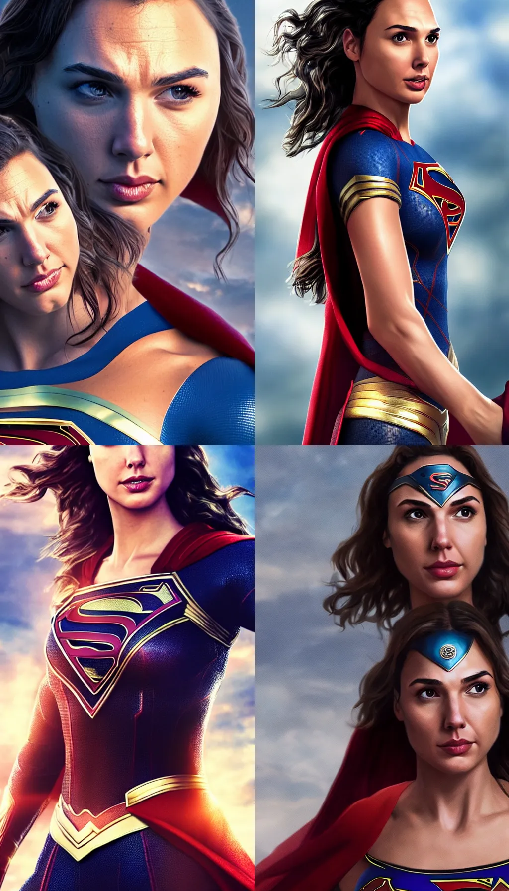 Prompt: a potrait of Gal Gadot as Supergirl, 8k photorealistic, cinematic lighting, HD, high details, dramatic, trending on artstation, view from above