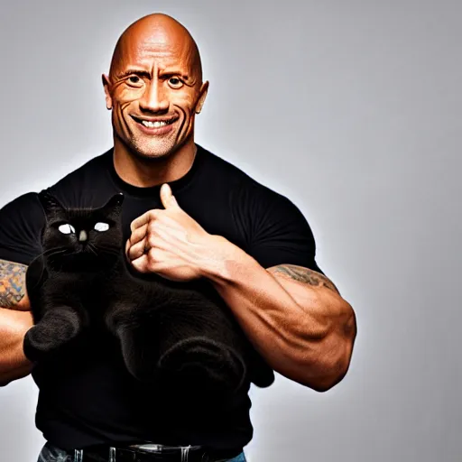 Image similar to dwayne johnson holding a black cat, studio lighting, promotional photograph