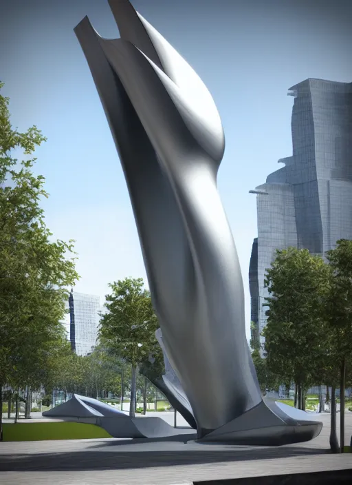 Image similar to highly detailed realistic architecture 3 d render of a huge high futuristic metallic stele sculpture in zaha hadid style standing in city park, archdaily, made in unreal engine 4