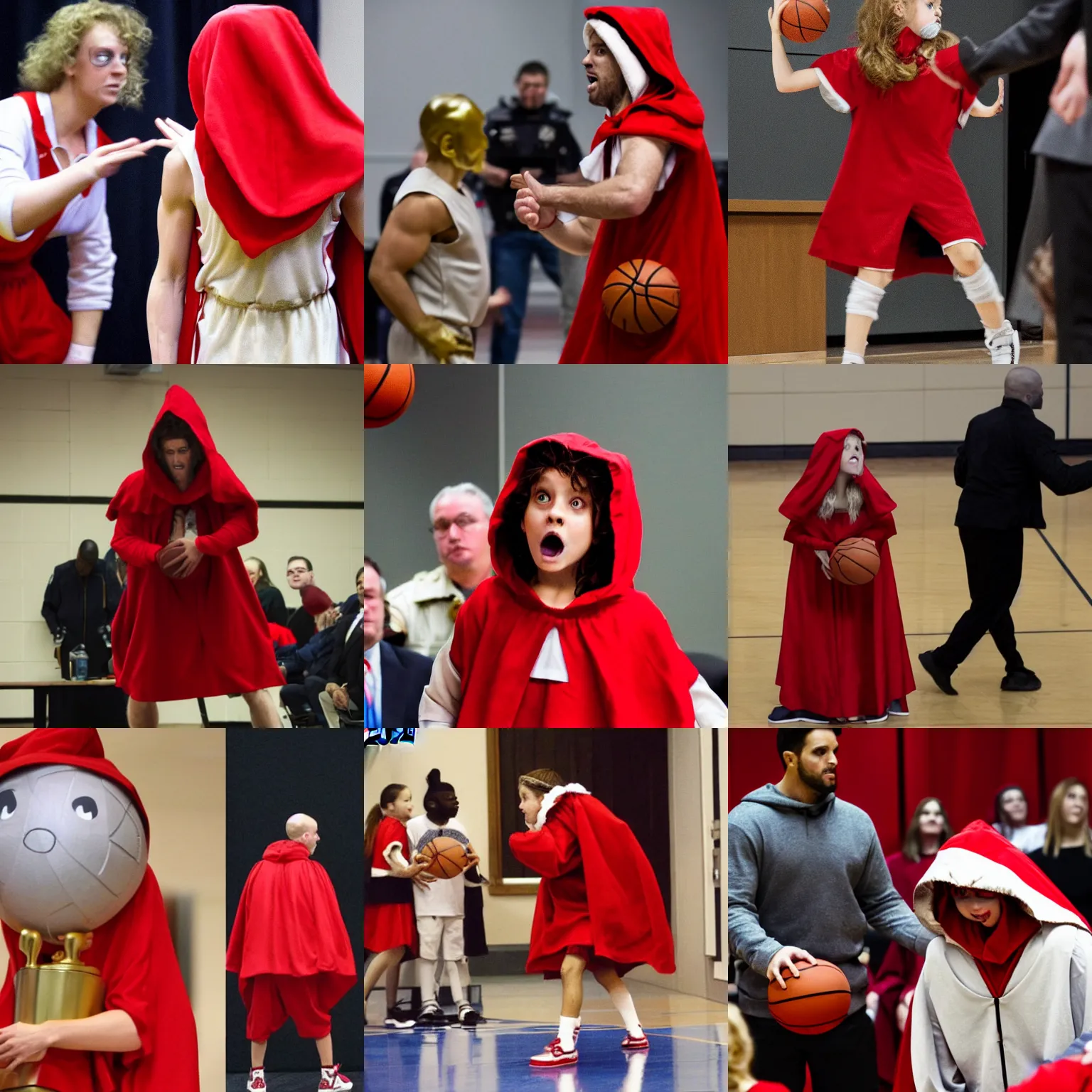 Prompt: Little red riding hood plays basketball against the big bad wolf costume in court to win an oscar