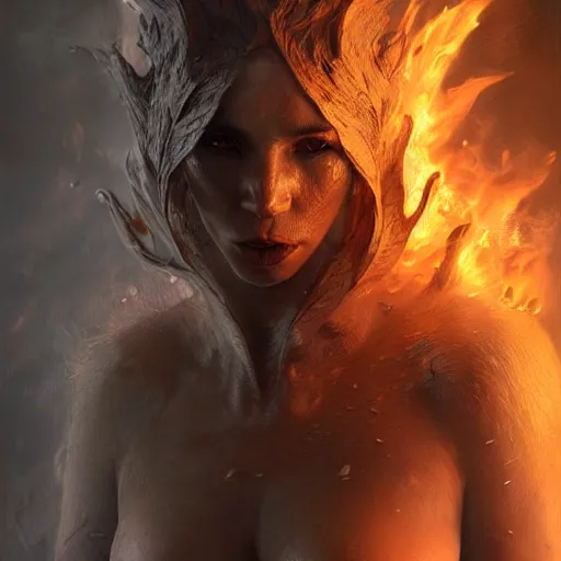 Image similar to photo realistic image of fire elemental, stunning 3 d render inspired art by istvan sandorfi and greg rutkowski, perfect facial symmetry, realistic, highly detailed attributes and atmosphere, dim volumetric cinematic lighting,